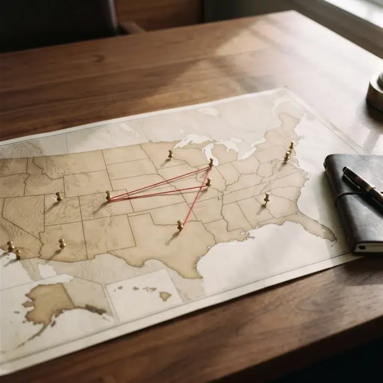 United States map with brass pins and red string on a walnut table, a picture of Tissue Bank Licensing by state