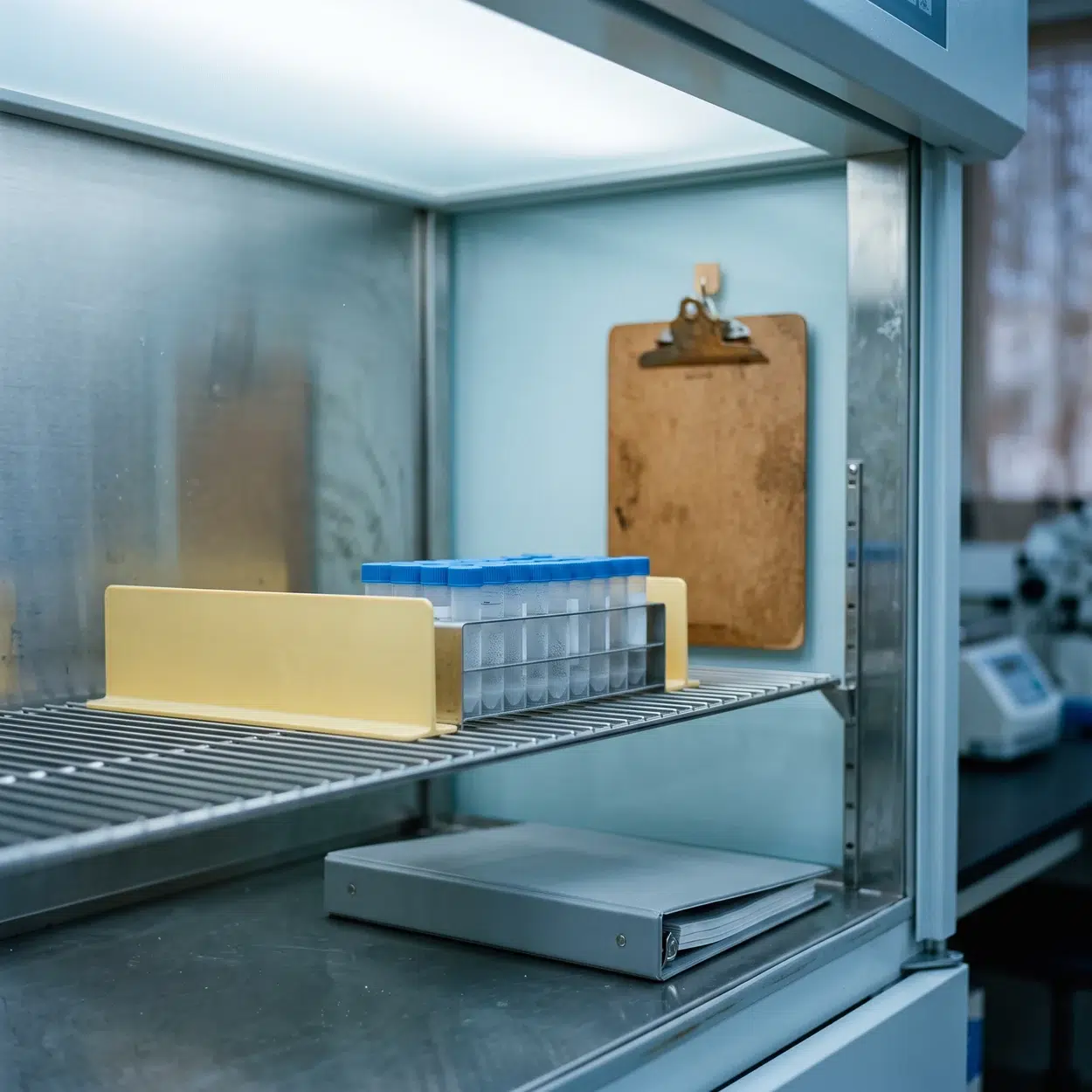 Tissue Recalls: How An Hct/P Recall Works And What It Would Mean For Banked Tissue 1 Glass front lab cabinet with blue capped cryovials set apart behind a divider, how a tissue recall hold might look
