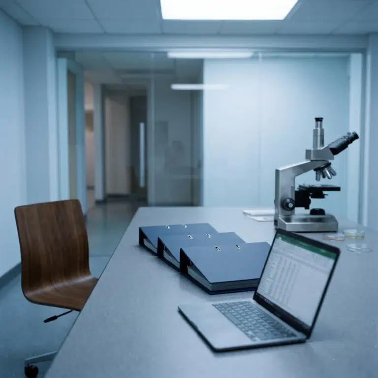 Three binders, a laptop and a microscope in a glass walled lab office, a setting for the tissue reference group